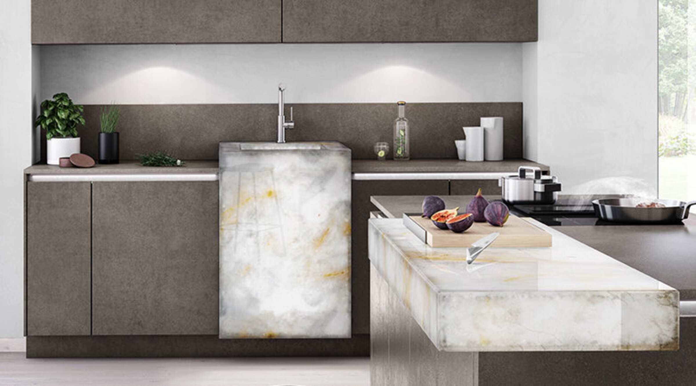 Rendering Küche mit Spüle und Theke aus Naturstein mit Beleuchtung